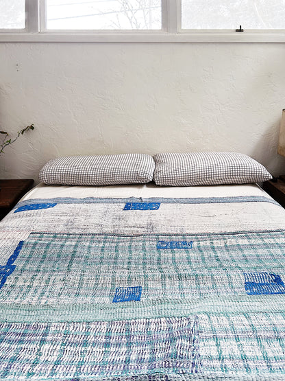 Vintage Blue Calico Patch Kantha Quilt