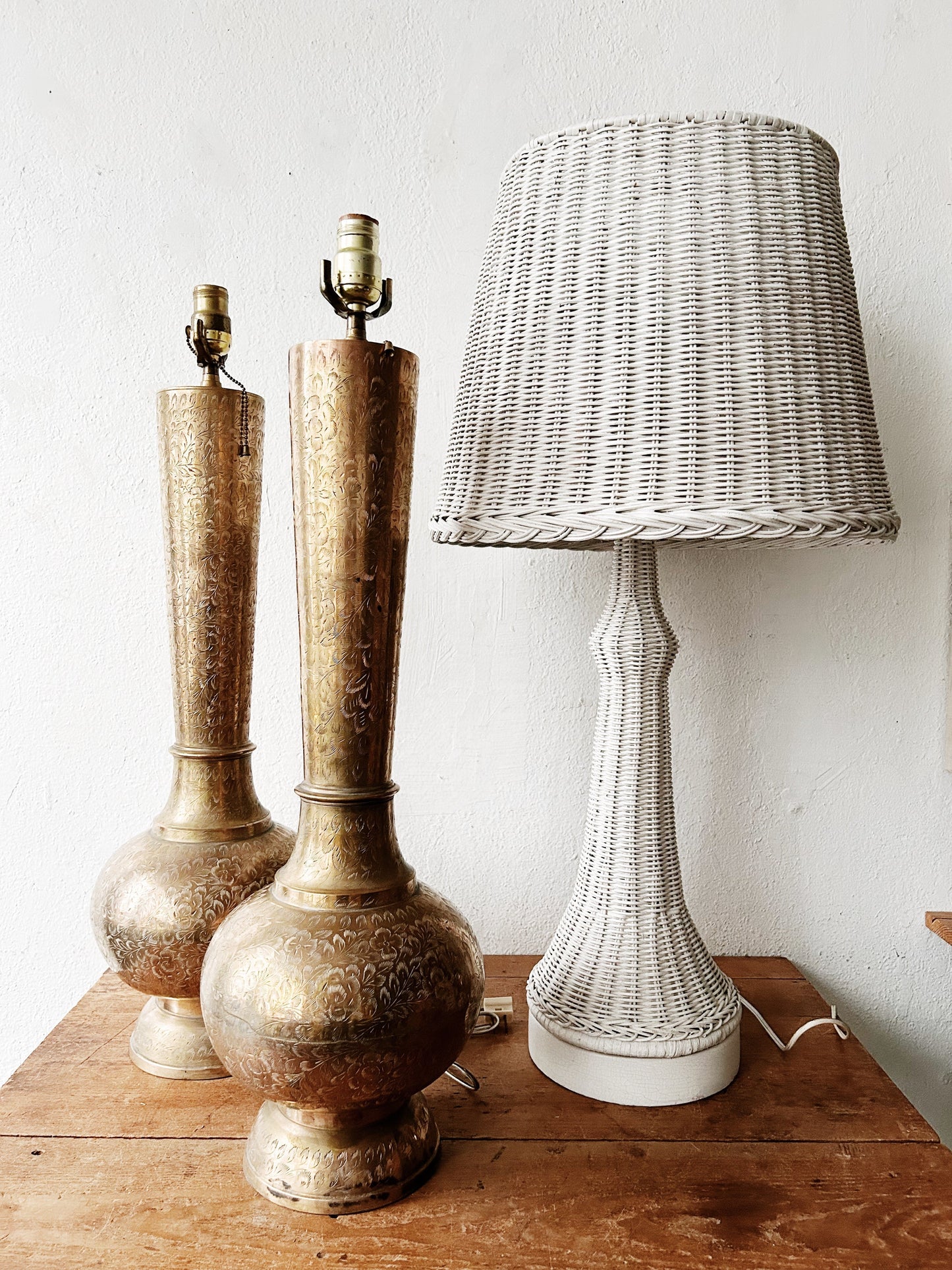 Tall Vintage Incised Brass Lamp
