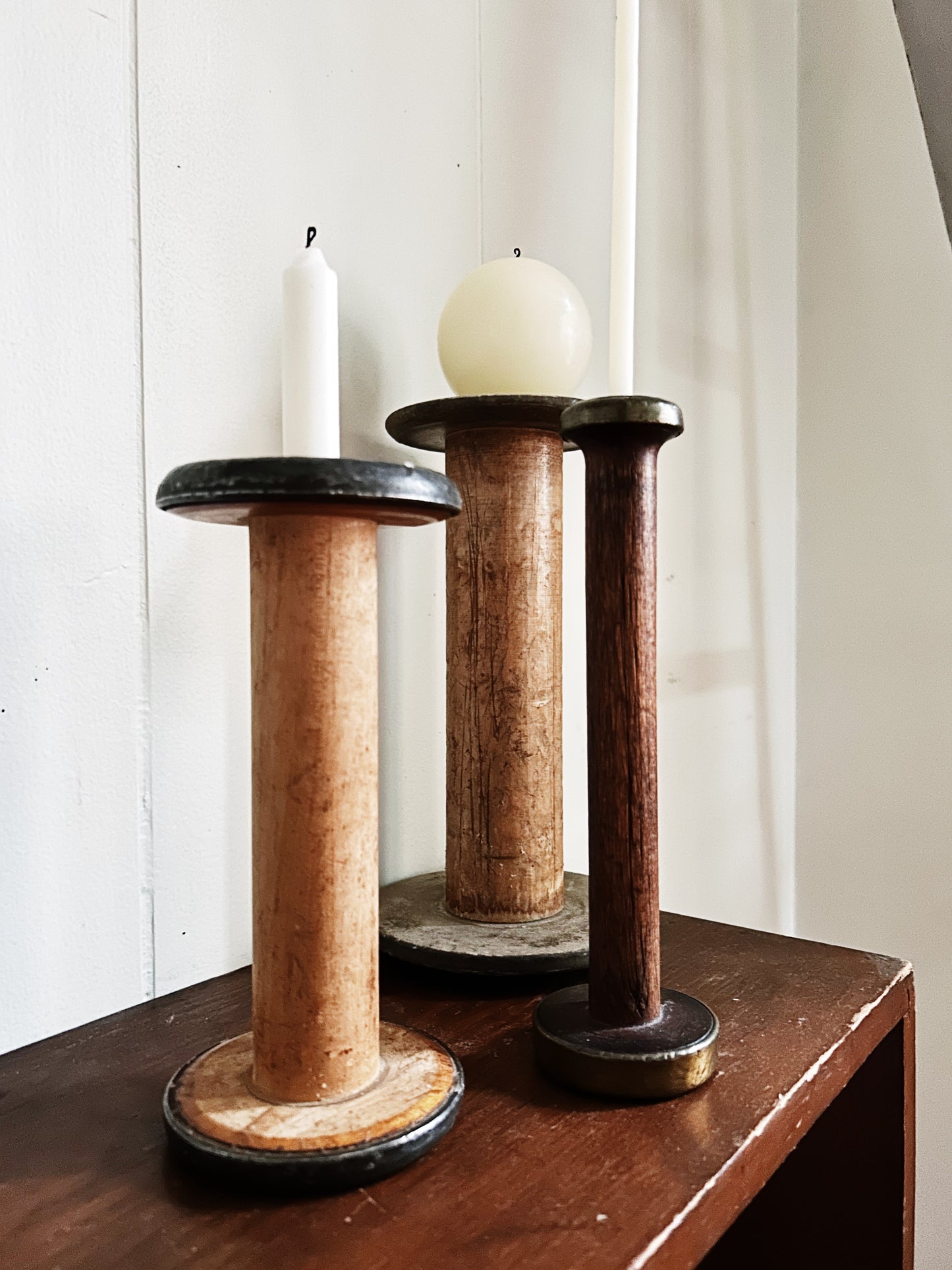Trio of Antique Wooden Spool Candleholders