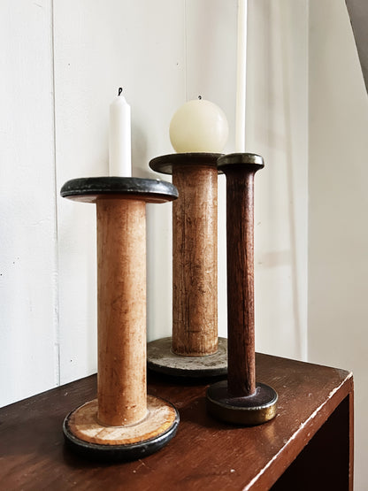 Trio of Antique Wooden Spool Candleholders