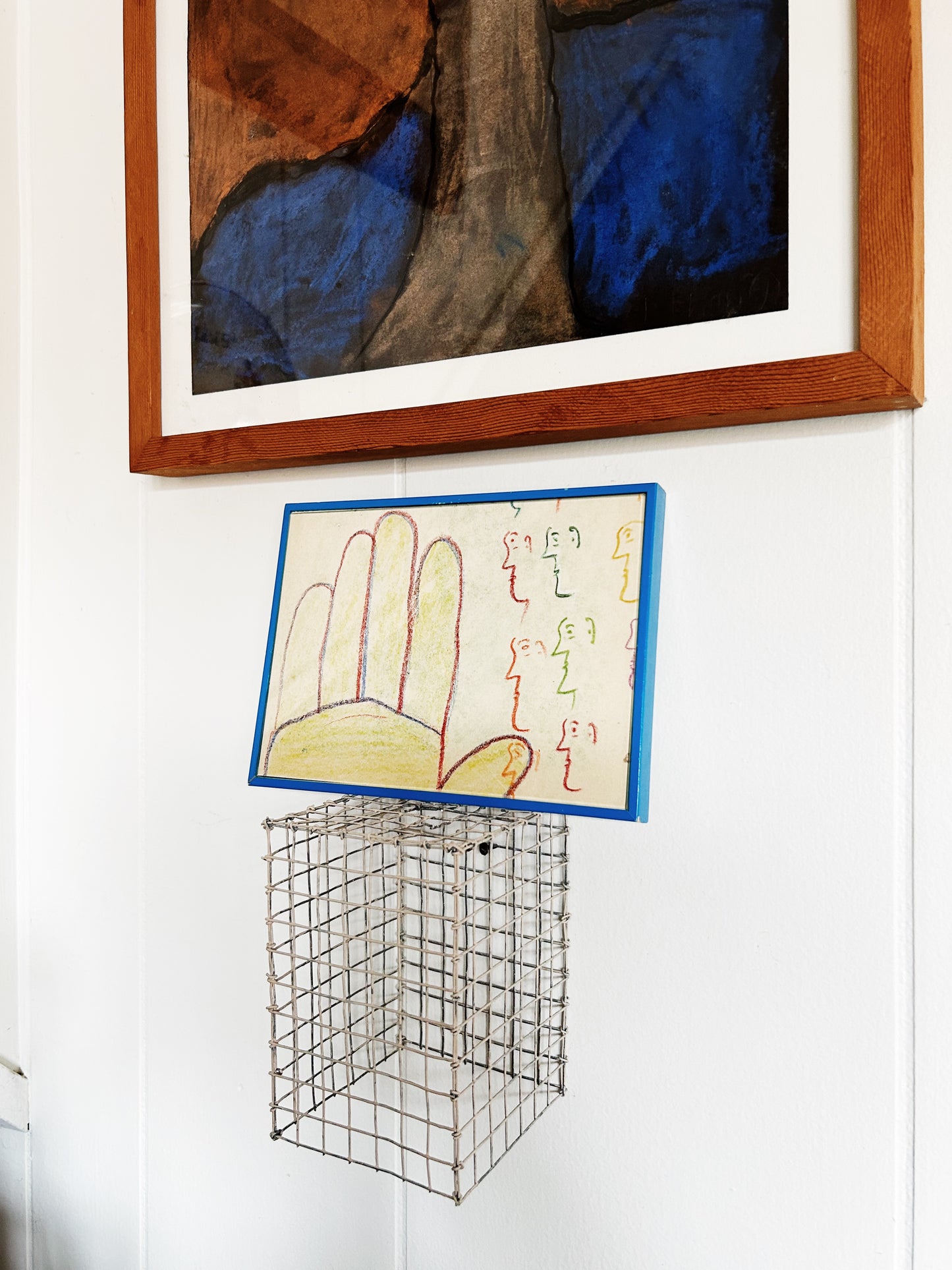 1930s Folk Art Drawing Framed in Blue