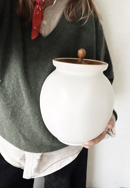 Large Vintage Ceramic Canister with Wood Lid