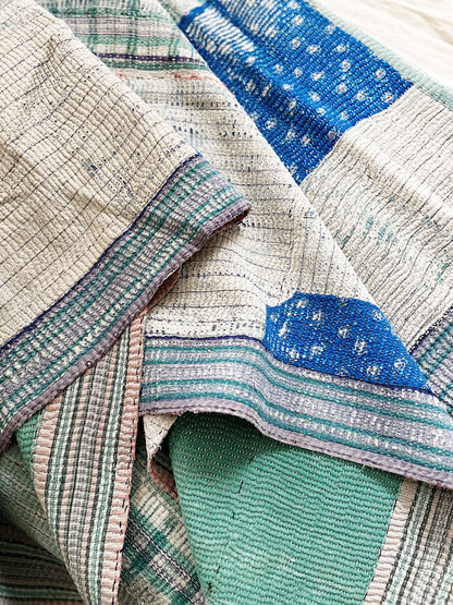 Vintage Blue Calico Patch Kantha Quilt