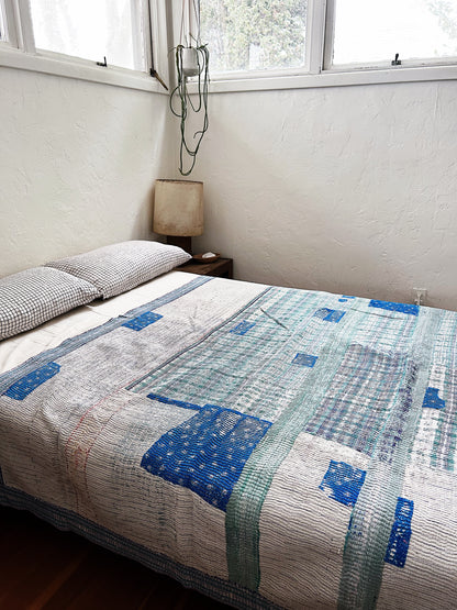 Vintage Blue Calico Patch Kantha Quilt