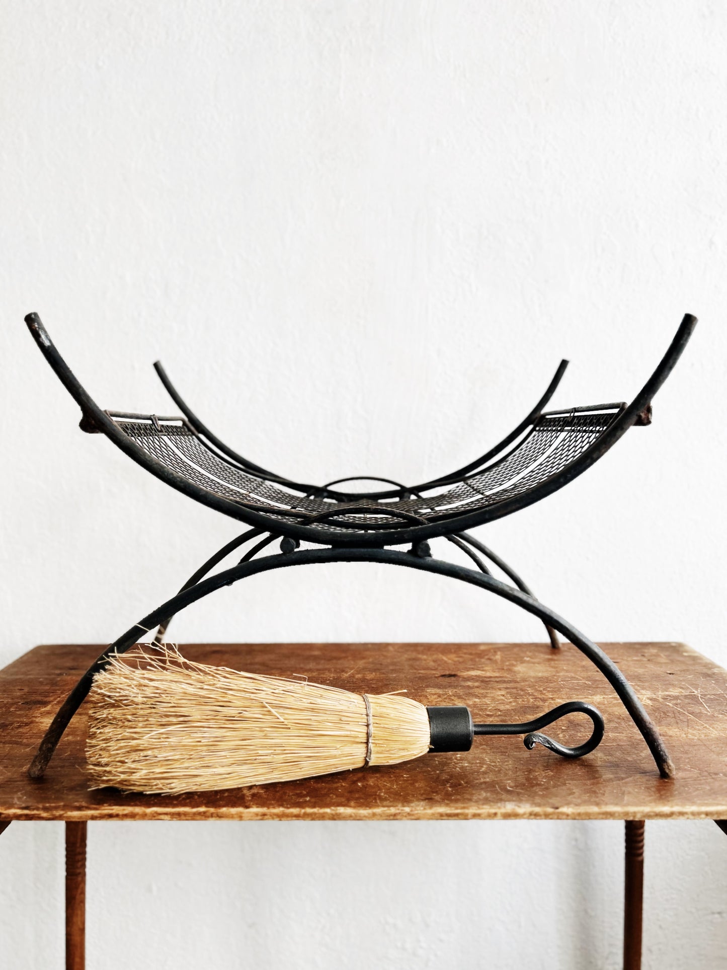 Mid Century Firewood Rack and Broom
