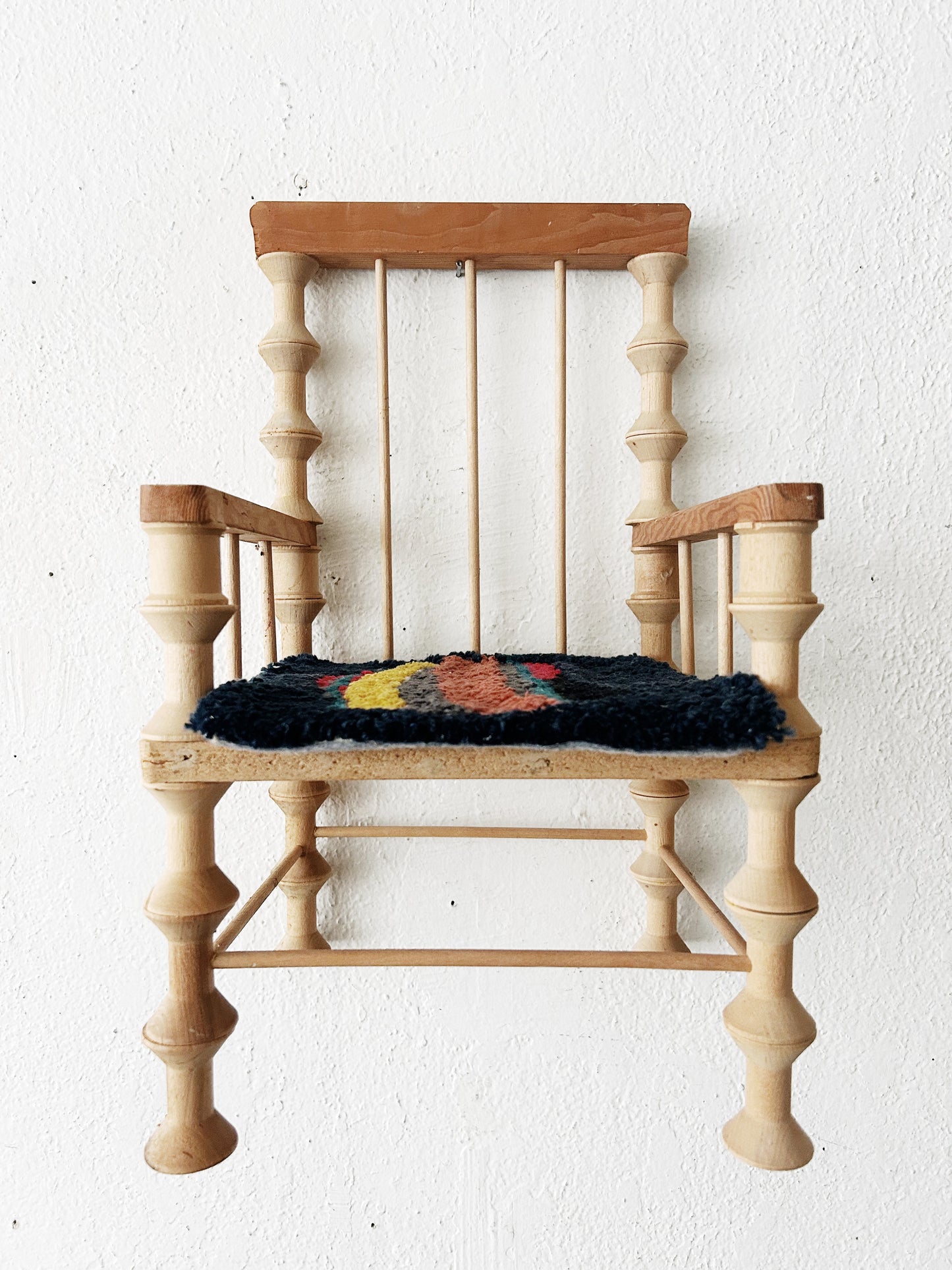 Handmade Mini Folk Art Chair with Hooked Seat Pad