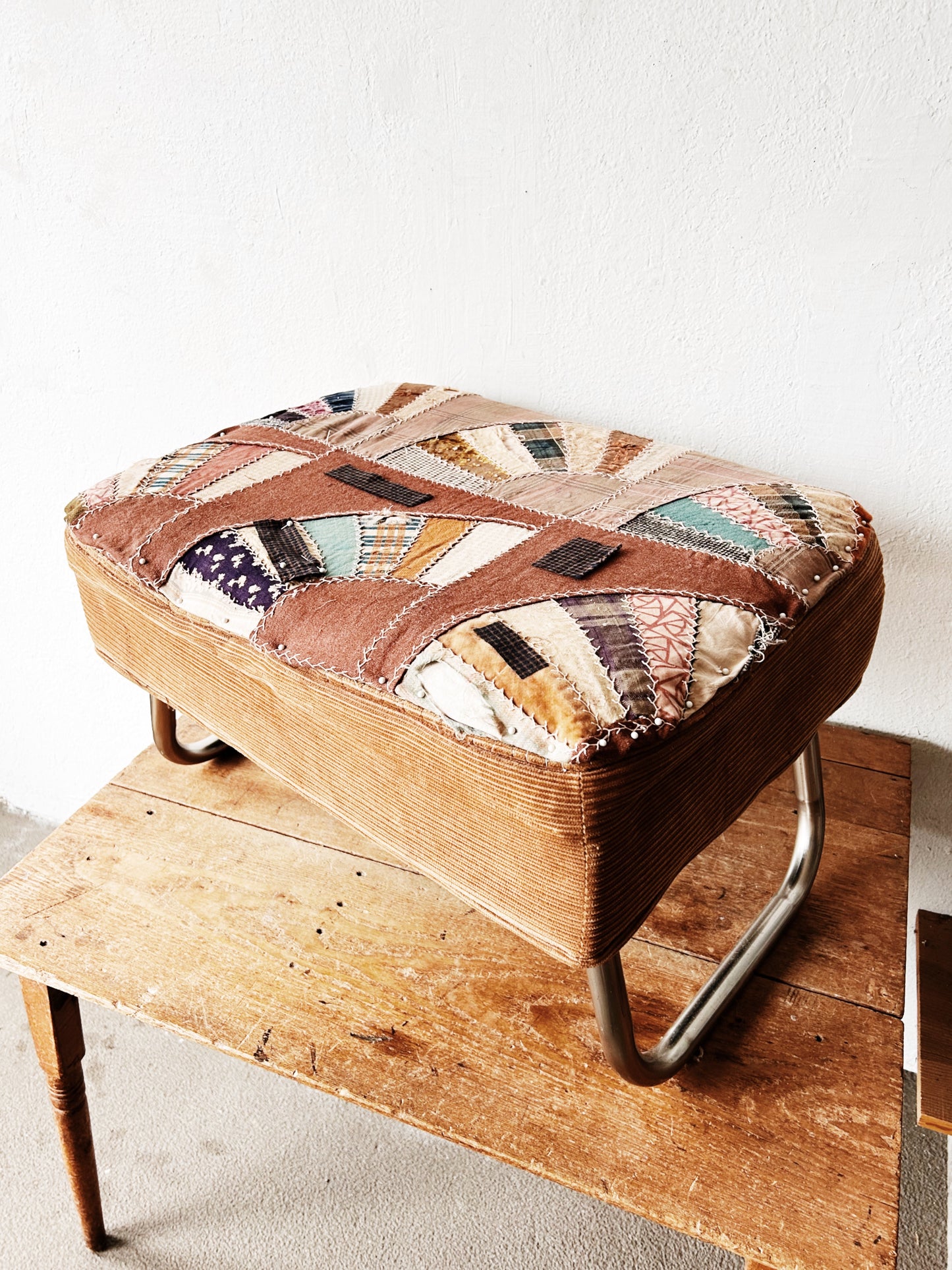 Antique Scrap Quilt Upholstered Vintage Ottoman