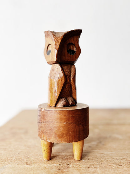 Hand Carved Folk Owl on Stand