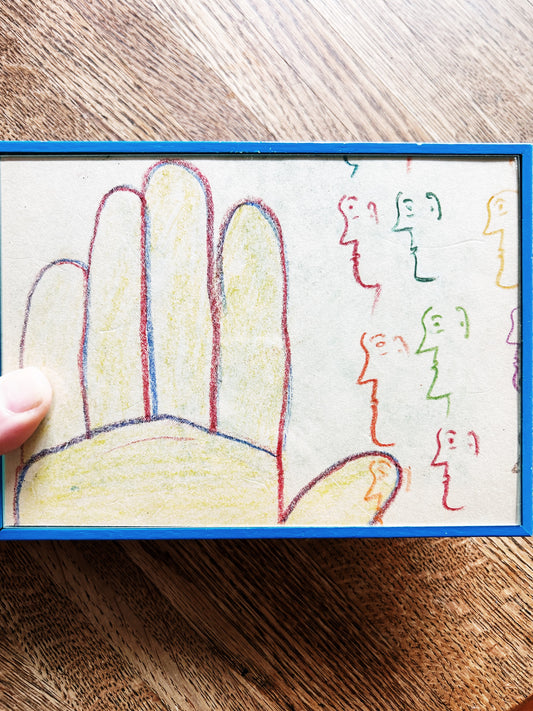 1930s Folk Art Drawing Framed in Blue