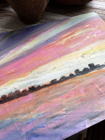 Vintage Pink Sky Landscape Painting