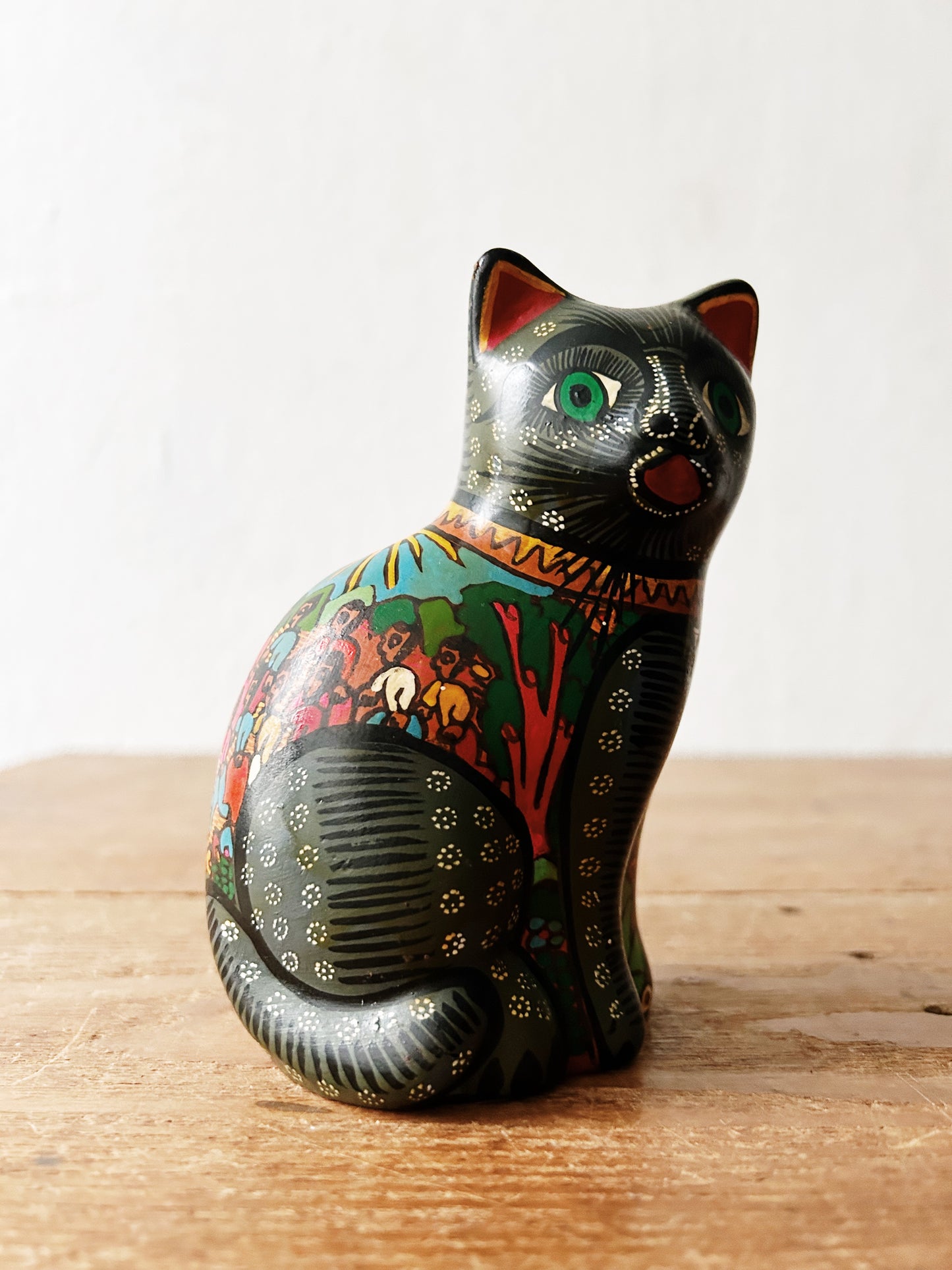 Vintage Mexican Folk Art Hand Painted Terra Cotta Kitty