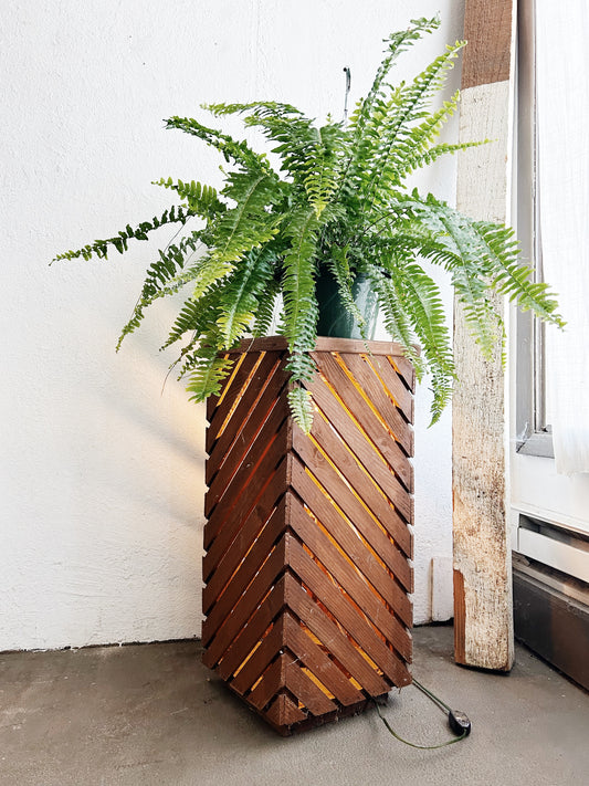 Vintage Illuminated Slatted Wood Plant Stand