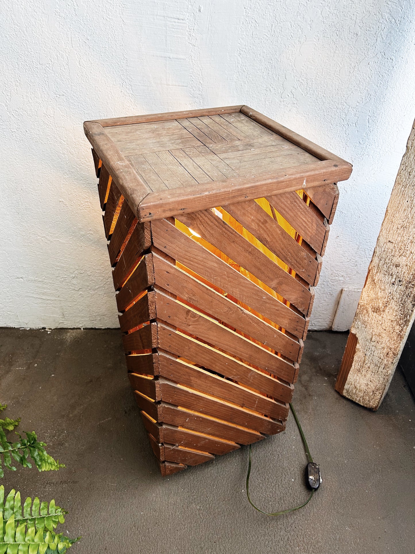 Vintage Illuminated Slatted Wood Plant Stand