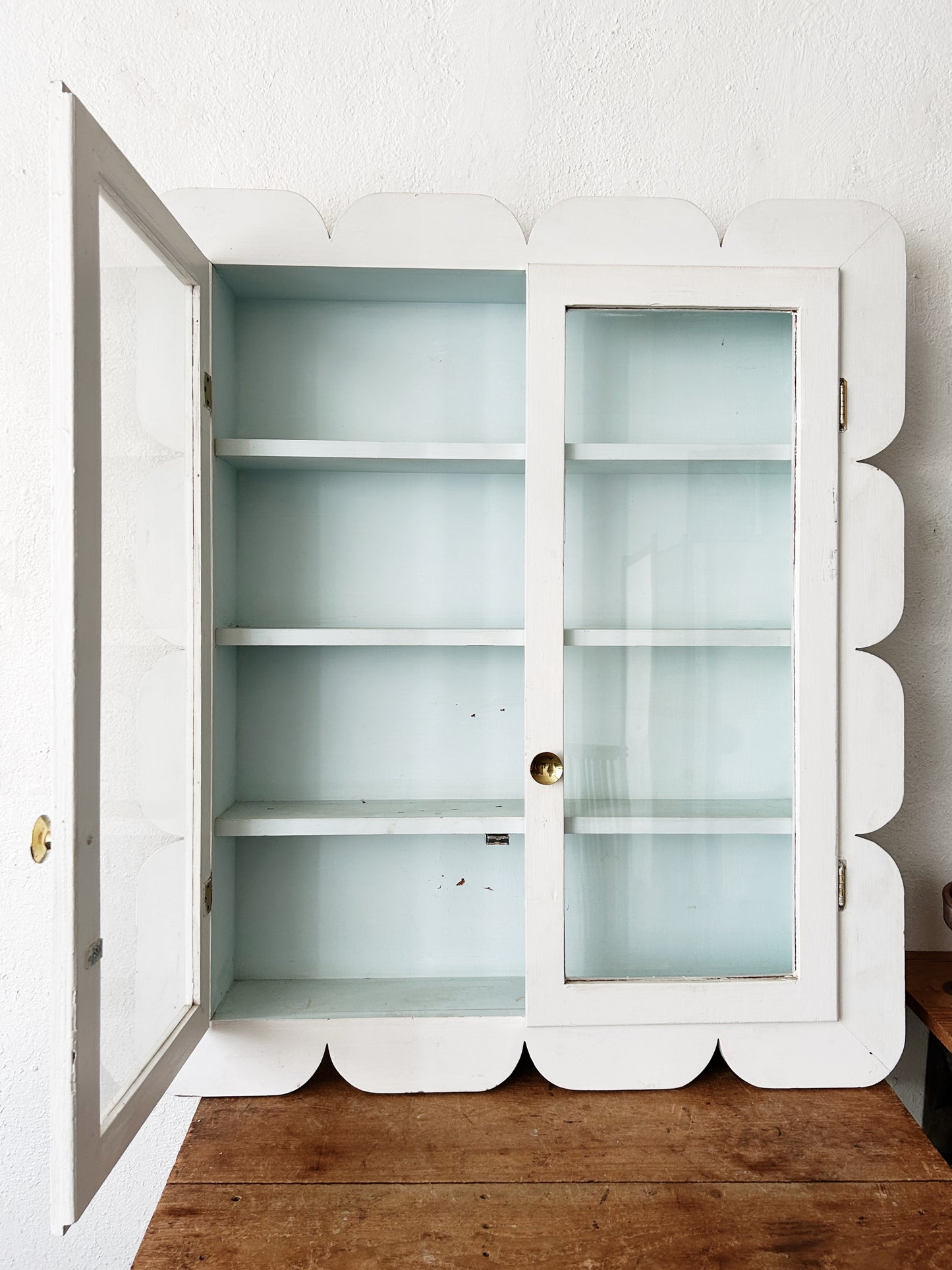 Large Mid Century Folk Style Cabinet with Glass Doors