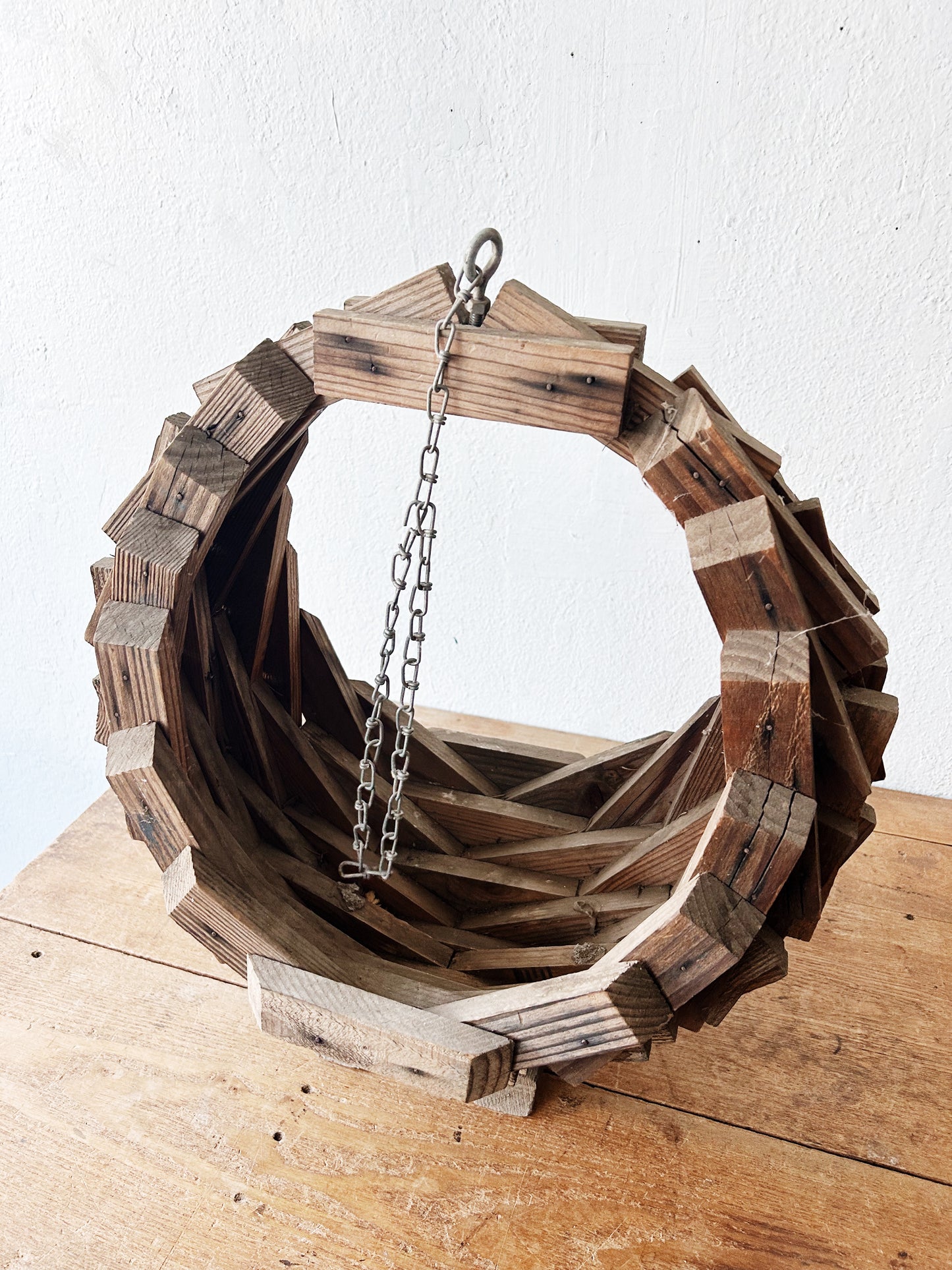 Large Vintage Wood Tramp Art Hanging Planter