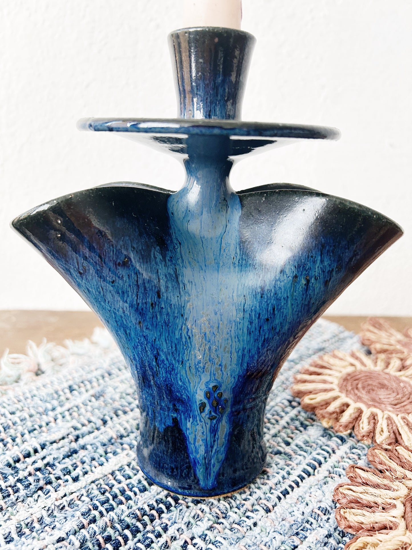 Vintage Indigo Pottery Double Vase Candle Holder