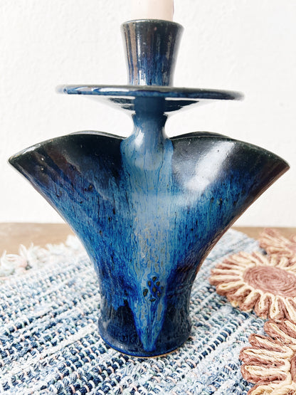 Vintage Indigo Pottery Double Vase Candle Holder