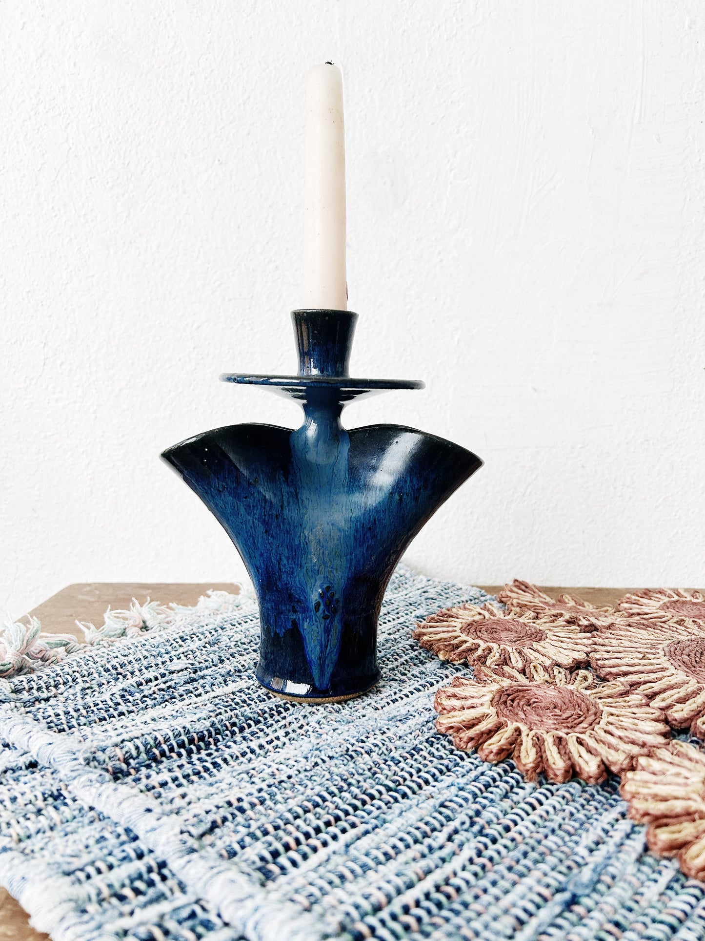 Vintage Indigo Pottery Double Vase Candle Holder