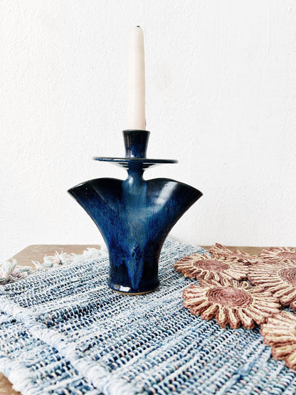 Vintage Indigo Pottery Double Vase Candle Holder