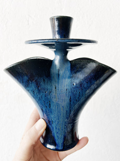 Vintage Indigo Pottery Double Vase Candle Holder