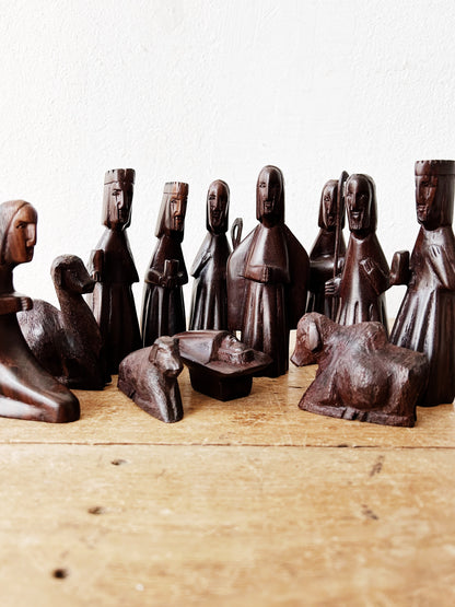 Vintage Carved Iron Wood Nativity 12 pces