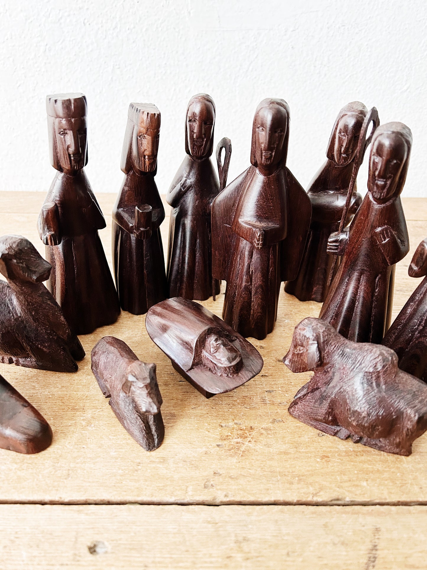Vintage Carved Iron Wood Nativity 12 pces