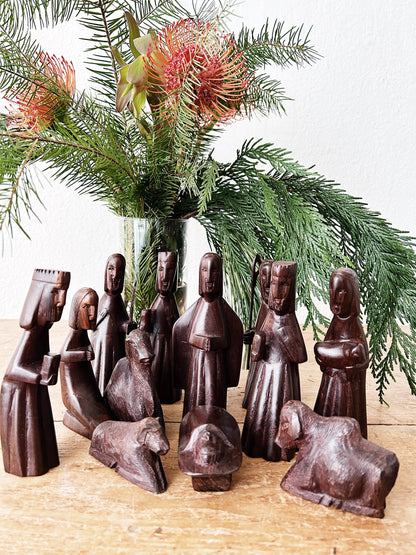 Vintage Carved Iron Wood Nativity 12 pces