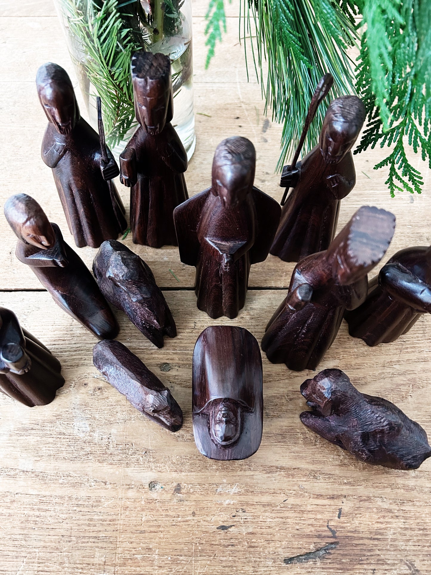 Vintage Carved Iron Wood Nativity 12 pces