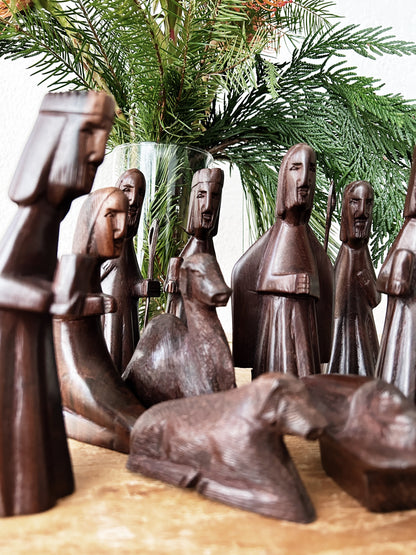 Vintage Carved Iron Wood Nativity 12 pces