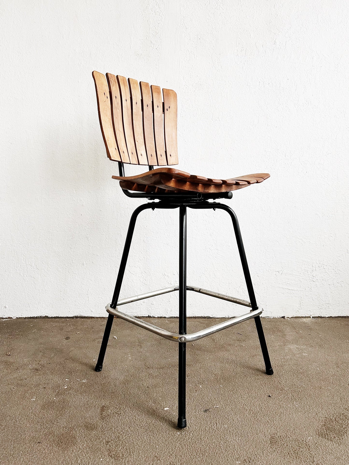 Mid Century Arthur Umanoff Style Slatted Wood Stool