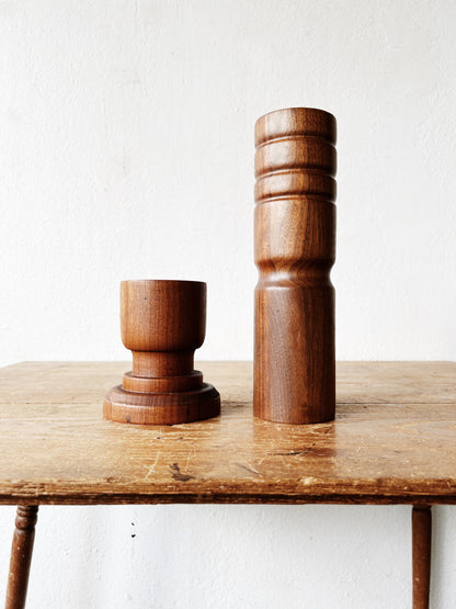 Vintage Turned Wood Pillar Candle Stand Trio