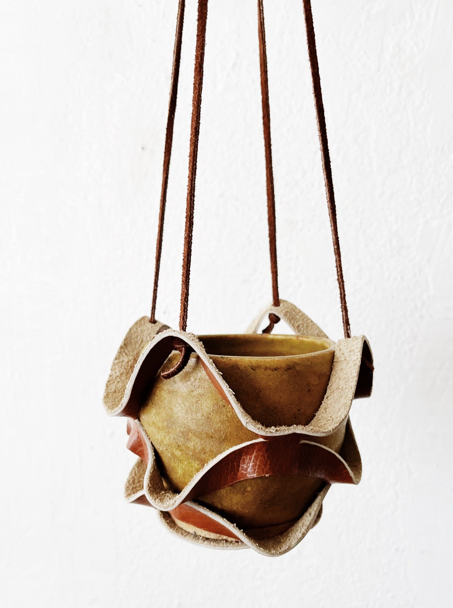 Handmade Leather Plant Holder and Pot