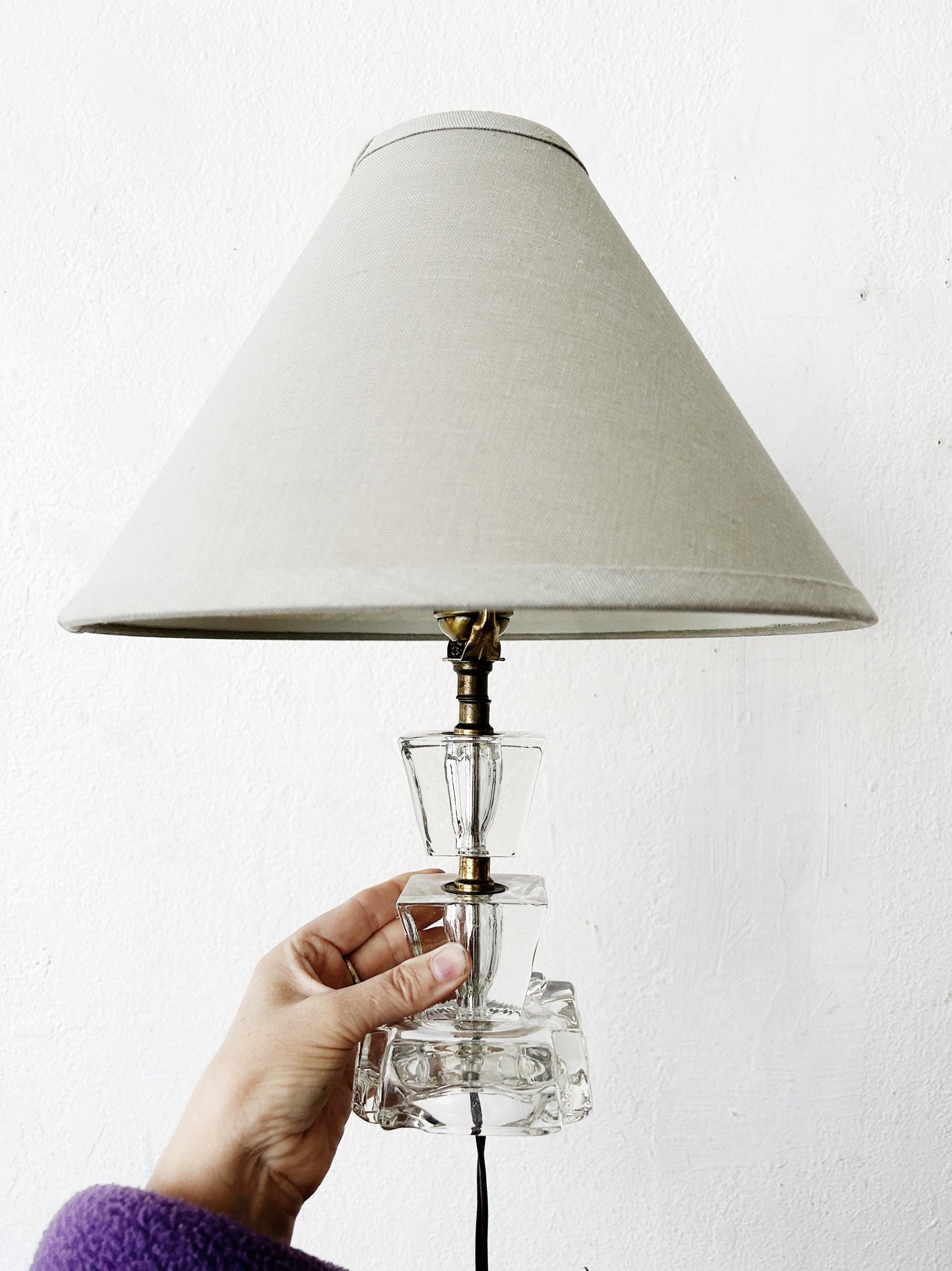 Antique Glass Cube Lamp with Linen Shade