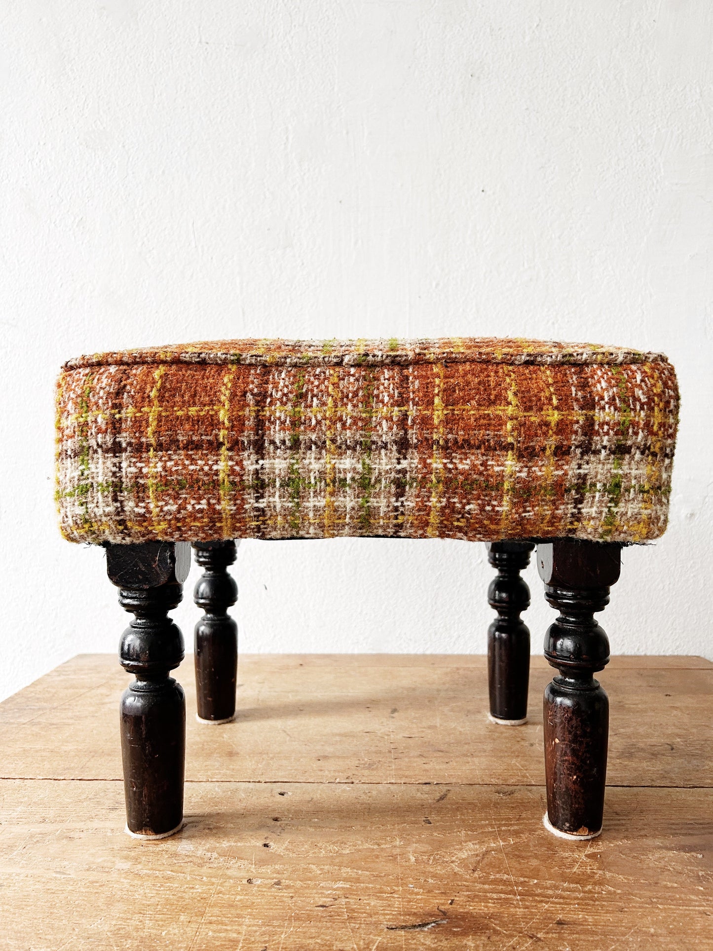 Vintage Plaid Upholstered Footstool