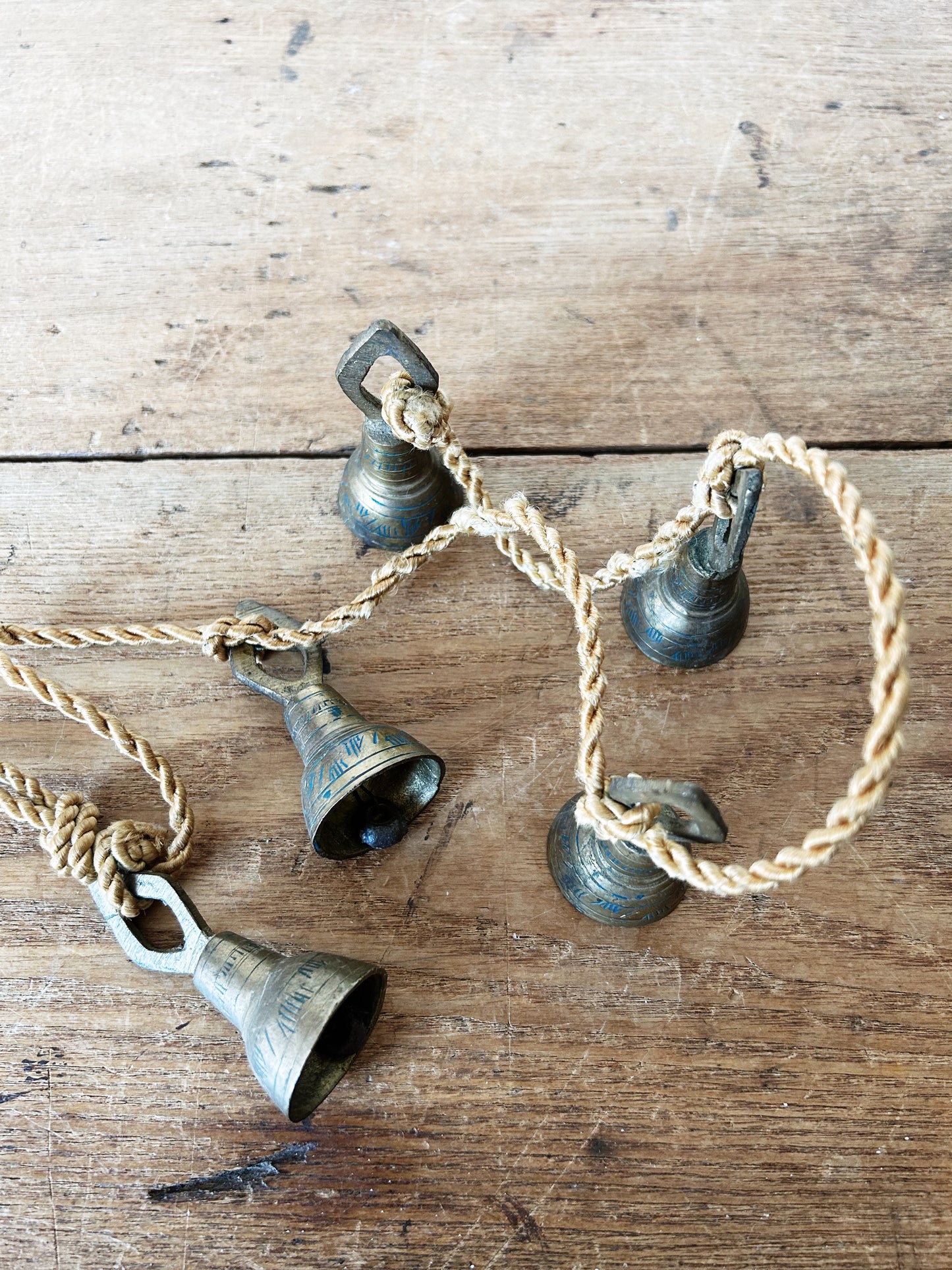Antique Incised Brass Bells Set Of Five