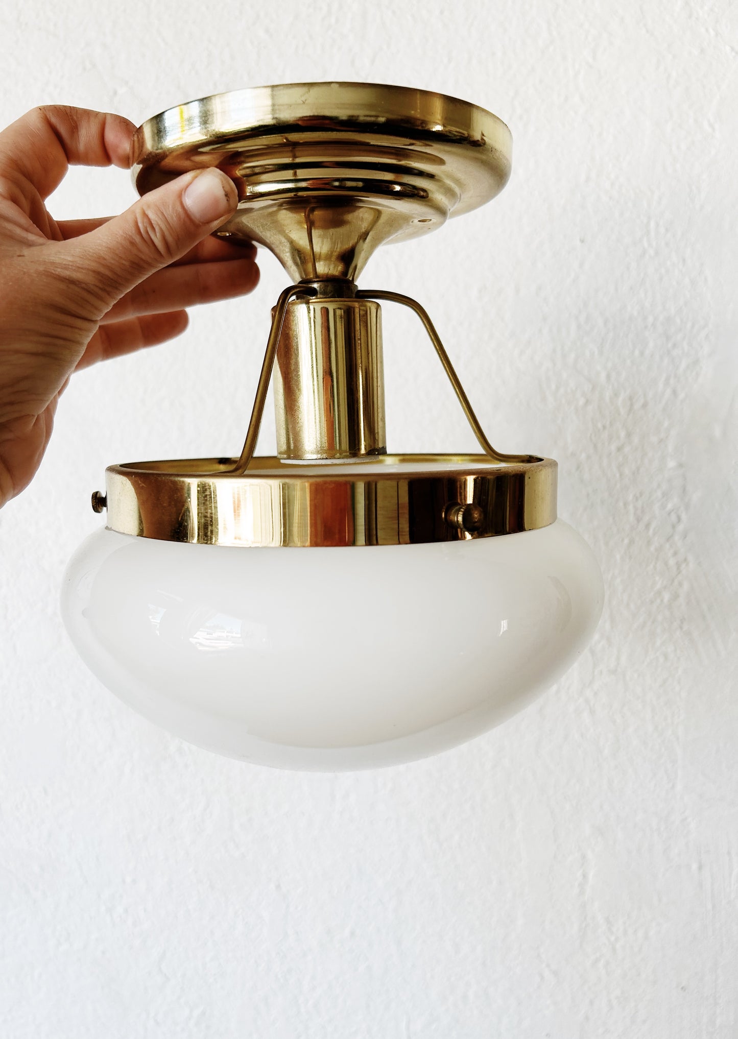 Mid Century Milk Glass on Brass Light Fixture