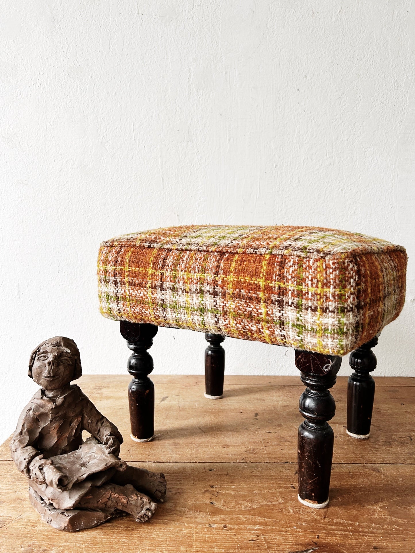 Vintage Plaid Upholstered Footstool