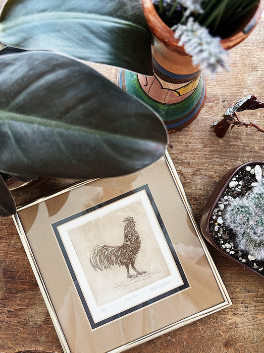 Original Vtg Rooster Etching