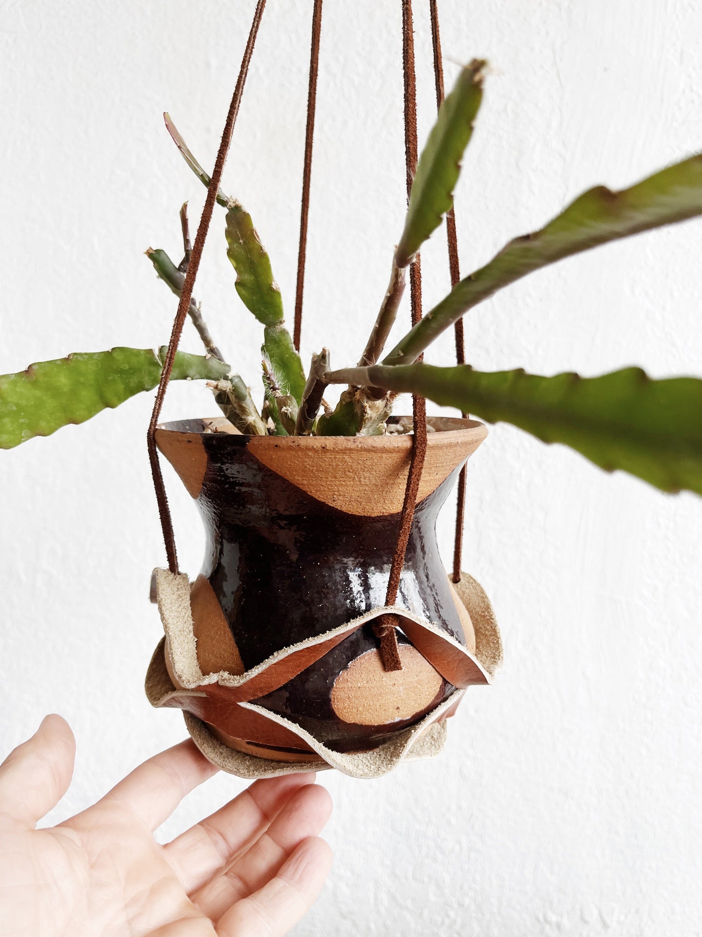 Handmade Leather Plant Holder and Pot