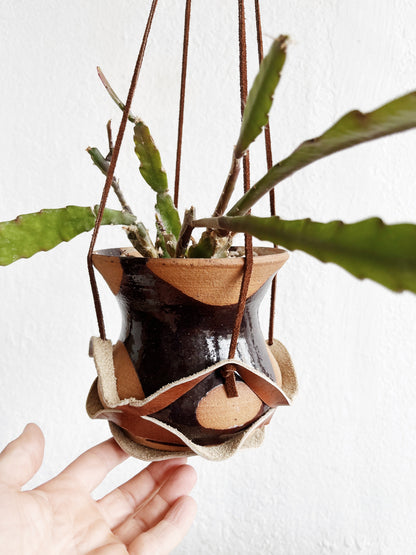 Handmade Leather Plant Holder and Pot