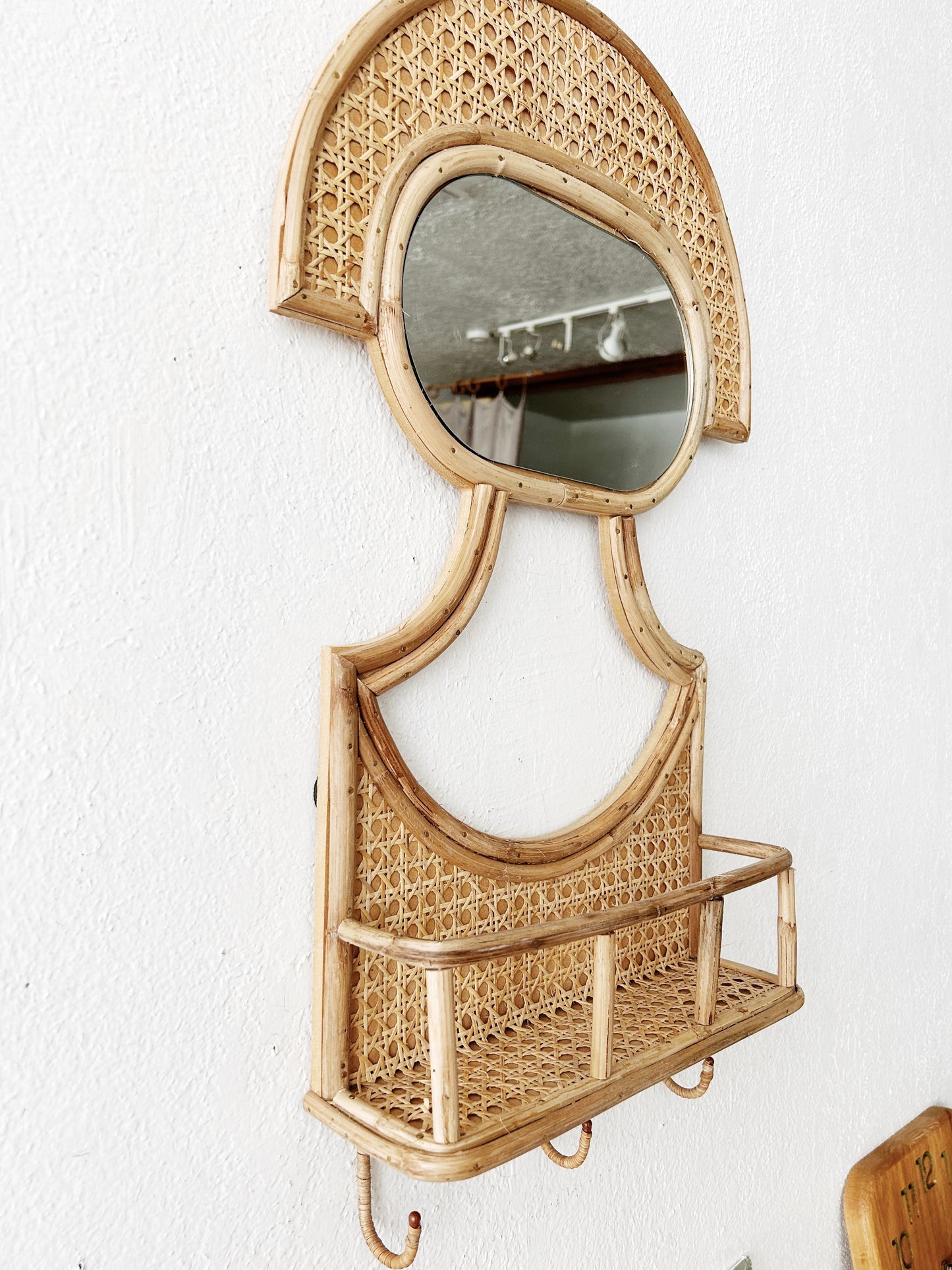 Vintage Caned Bamboo Mirror with Shelf and Hooks