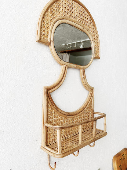 Vintage Caned Bamboo Mirror with Shelf and Hooks