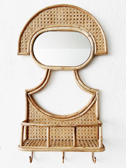 Vintage Caned Bamboo Mirror with Shelf and Hooks