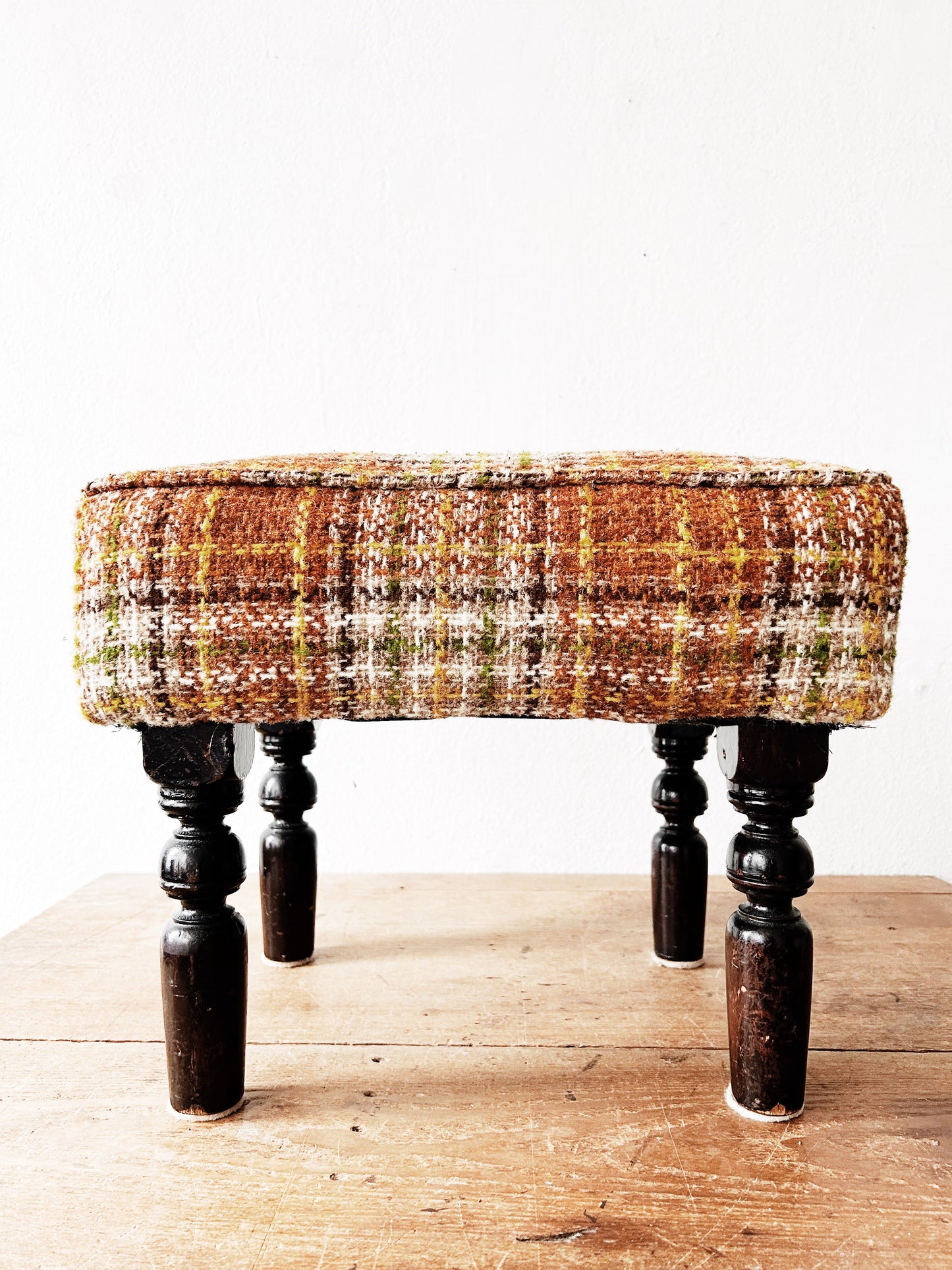 Vintage Plaid Upholstered Footstool