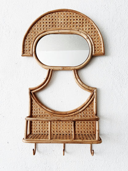 Vintage Caned Bamboo Mirror with Shelf and Hooks