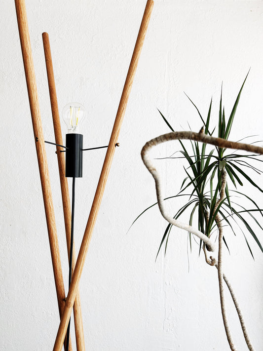 Designer Made Tall Wood Tripod Floor Lamp