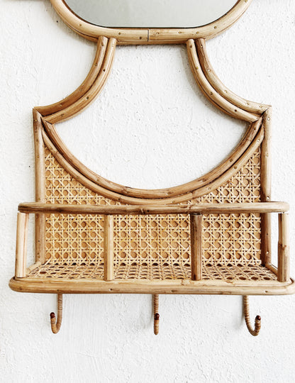 Vintage Caned Bamboo Mirror with Shelf and Hooks