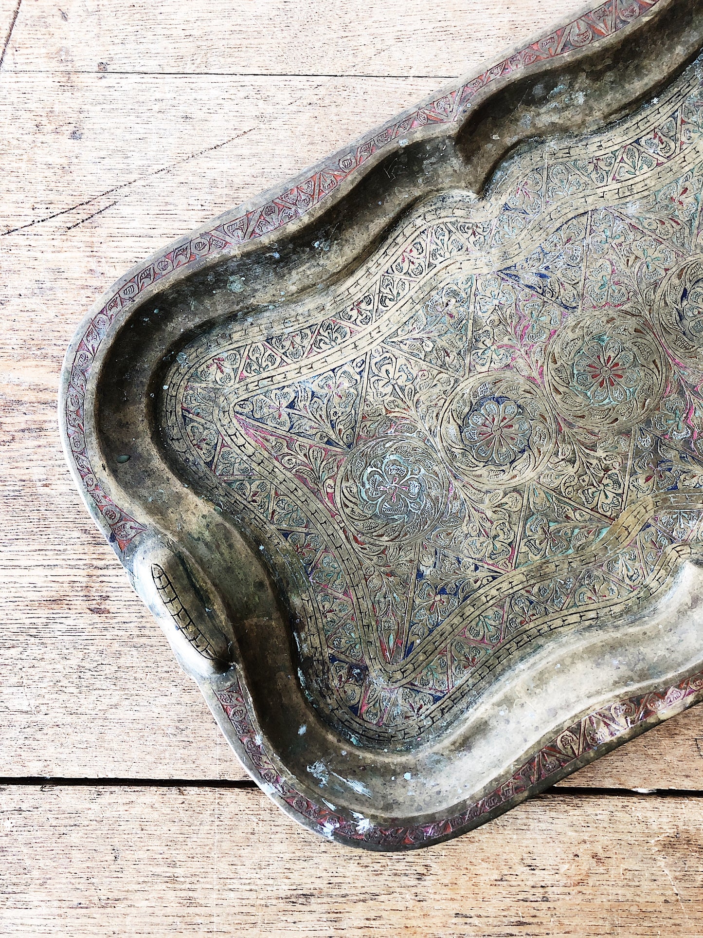 Vintage Hand Painted Incised Brass Tray