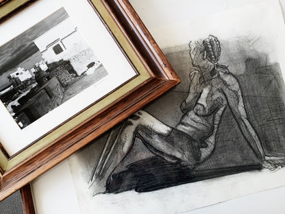 Large Vintage Framed Charcoal Nude