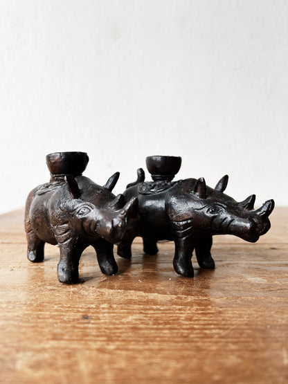 Vintage Pair of Indonesian Cast Iron Rhinoceros Candle Holders